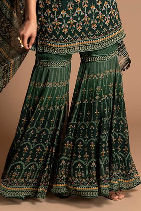 Kalista_Green Viscose Georgette Round Printed Kurta Sharara Set _at_Aza_Fashions