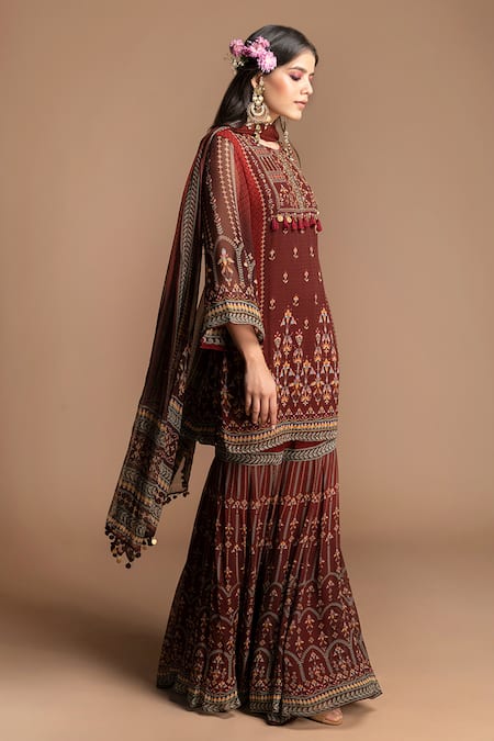 Kalista_Maroon Viscose Georgette Round Printed Kurta Sharara Set _Online_at_Aza_Fashions