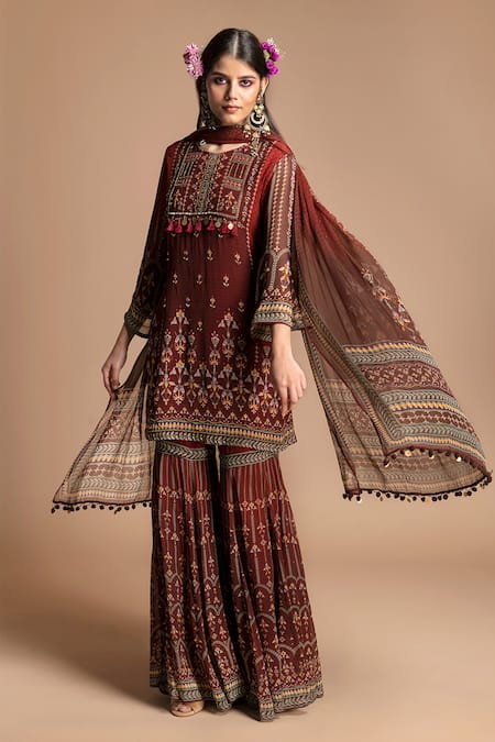 Buy_Kalista_Maroon Viscose Georgette Round Printed Kurta Sharara Set _Online_at_Aza_Fashions