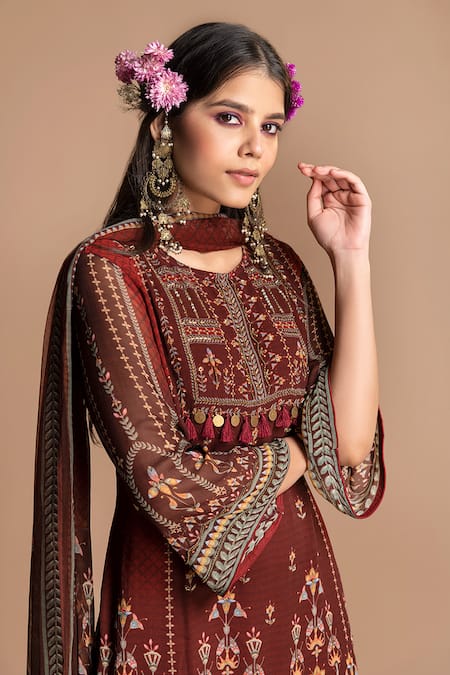 Shop_Kalista_Maroon Viscose Georgette Round Printed Kurta Sharara Set _Online_at_Aza_Fashions