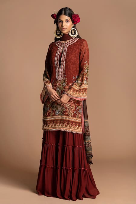 Kalista Maroon Georgette Round Printed Kurta Gharara Set Online at Aza Fashions Kalista_Maroon Georgette Round Printed Kurta Gharara Set _Online_at_Aza_Fashions