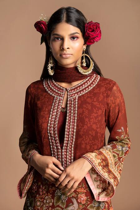 Buy Kalista Maroon Georgette Round Printed Kurta Gharara Set Online at Aza Fashions Buy_Kalista_Maroon Georgette Round Printed Kurta Gharara Set _Online_at_Aza_Fashions