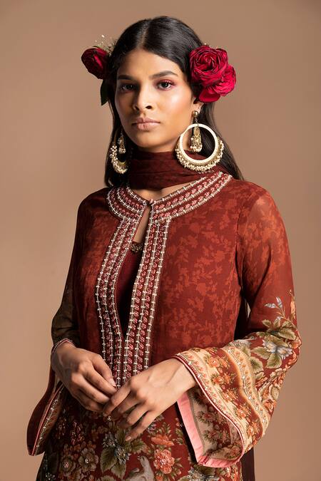 Shop Kalista Maroon Georgette Round Printed Kurta Gharara Set Online at Aza Fashions Shop_Kalista_Maroon Georgette Round Printed Kurta Gharara Set _Online_at_Aza_Fashions