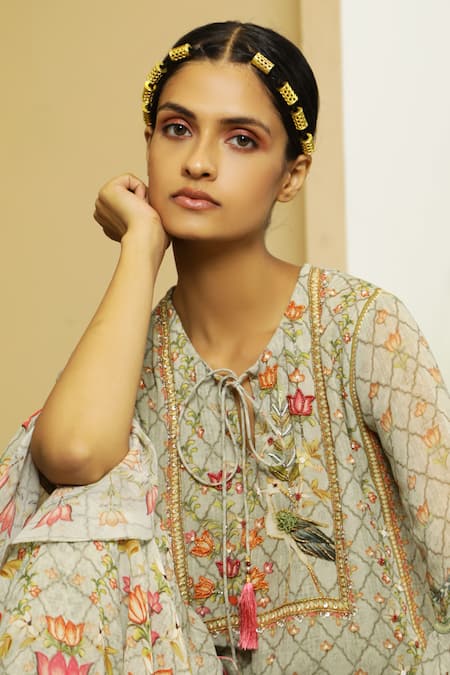 Kalista_Grey Georgette Tie-up Nazia Gharara Set _Online_at_Aza_Fashions