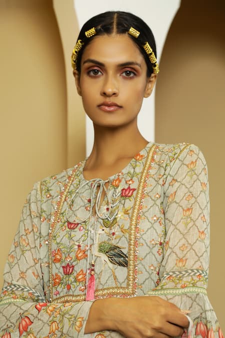 Buy_Kalista_Grey Georgette Tie-up Nazia Gharara Set _Online_at_Aza_Fashions