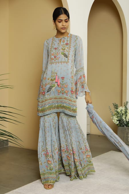 Kalista_Green Georgette Tie-up Inayat Gharara Set _Online_at_Aza_Fashions