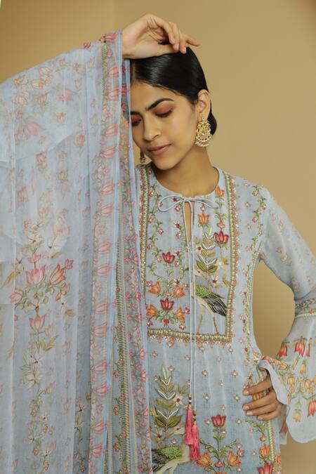 Buy_Kalista_Green Georgette Tie-up Inayat Gharara Set _Online_at_Aza_Fashions