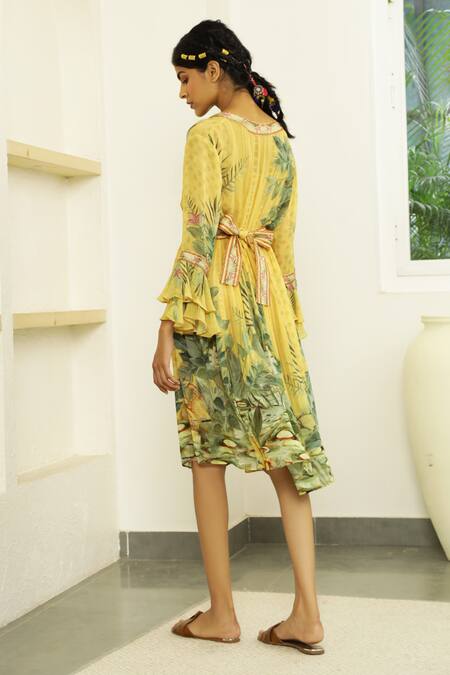 Kalista_Yellow Georgette V Neck Amelia Dress _Online_at_Aza_Fashions