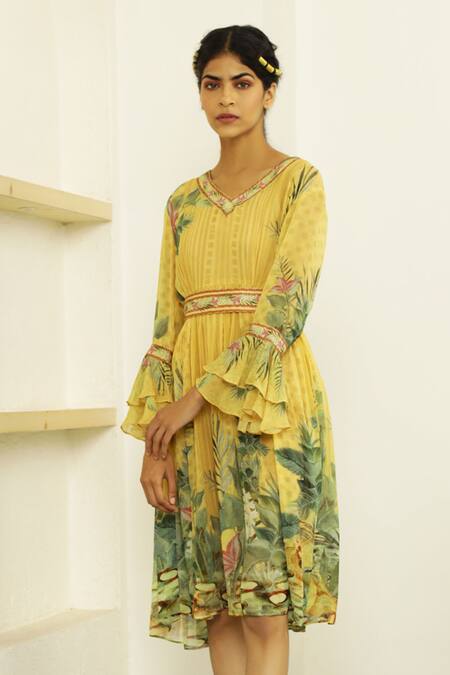 Buy_Kalista_Yellow Georgette V Neck Amelia Dress _Online_at_Aza_Fashions