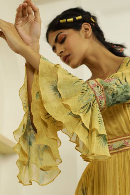 Shop_Kalista_Yellow Georgette V Neck Amelia Dress _Online_at_Aza_Fashions