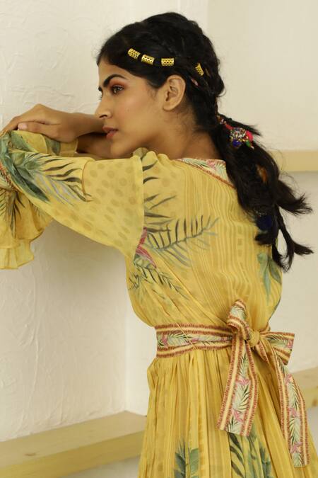 Kalista_Yellow Georgette V Neck Amelia Dress _at_Aza_Fashions