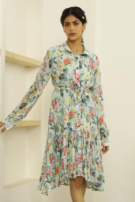 Buy_Kalista_Blue Georgette Spread Collar Camila Dress _Online_at_Aza_Fashions