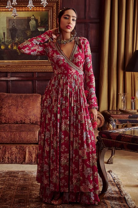 Kalista Pink Viscose Georgette Hand Painted Floral Motifs Zayna Angrakha And Sharara Set 