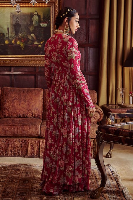 Shop_Kalista_Pink Viscose Georgette Bead Work, Floral Zayna Printed Angrakha And Sharara Set _at_Aza_Fashions