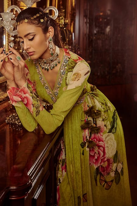 Buy_Kalista_Green Viscose Georgette Bead Work, Floral Mihika Printed Angrakha And Sharara Set _Online_at_Aza_Fashions
