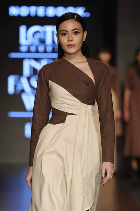 NOTEBOOK Beige Cotton Poplin Asymmetric Midi Dress Online at Aza Fashions NOTEBOOK_Beige Cotton Poplin Asymmetric Midi Dress_Online_at_Aza_Fashions