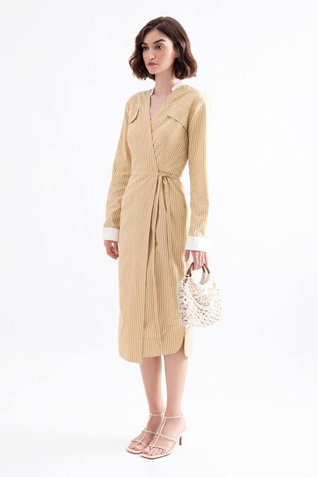 NOTEBOOK_Beige Embroidery Mandarin Collar Shirt Wrap Dress _Online_at_Aza_Fashions