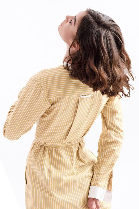 Shop_NOTEBOOK_Beige Embroidery Mandarin Collar Shirt Wrap Dress _Online_at_Aza_Fashions