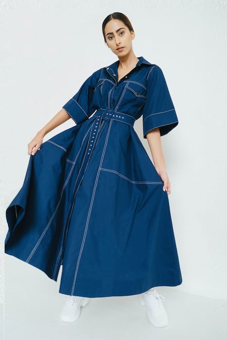 Notebook Blue Cotton Poplin Lycra Straight Collar A-line Midi Dress 