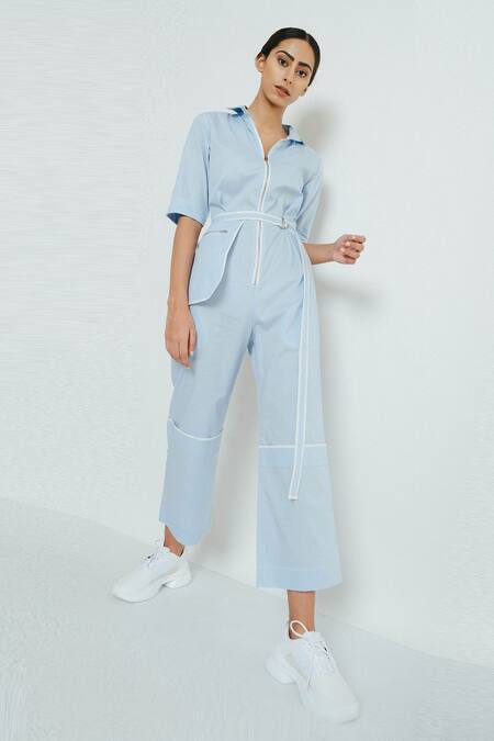 NOTEBOOK Blue Cotton Poplin Straight Collar Zipper Jumpsuit
