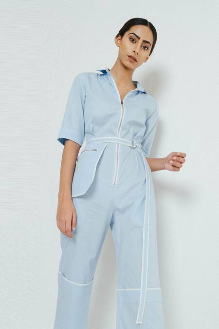 NOTEBOOK_Blue Cotton Poplin Straight Collar Zipper Jumpsuit _Online_at_Aza_Fashions