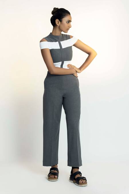 NOTEBOOK Grey Lycra Round Off Shoulder Striped Jumpsuit