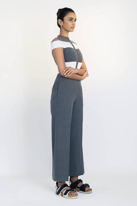 NOTEBOOK_Grey Lycra Round Off Shoulder Striped Jumpsuit _Online_at_Aza_Fashions