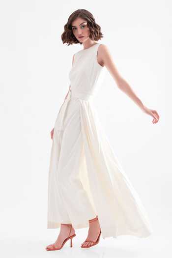 NOTEBOOK_White Polyester Embroidery Round Pleated Jumpsuit _Online_at_Aza_Fashions
