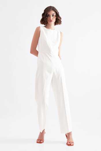 Buy_NOTEBOOK_White Polyester Embroidery Round Pleated Jumpsuit _Online_at_Aza_Fashions
