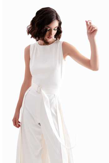 Shop_NOTEBOOK_White Polyester Embroidery Round Pleated Jumpsuit _Online_at_Aza_Fashions