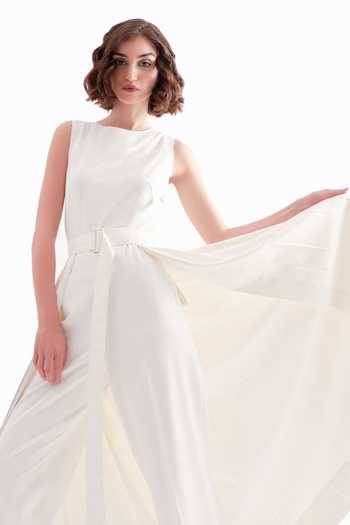 NOTEBOOK_White Polyester Embroidery Round Pleated Jumpsuit _at_Aza_Fashions