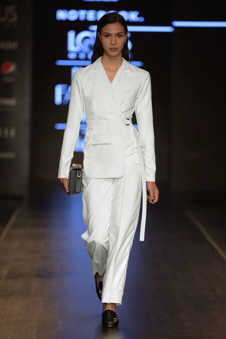 Notebook White Bi Stretch, Pv Lycra Lapel Blazer Jumpsuit Online at Aza Fashions Notebook_White Bi Stretch, Pv Lycra Lapel Blazer Jumpsuit_Online_at_Aza_Fashions