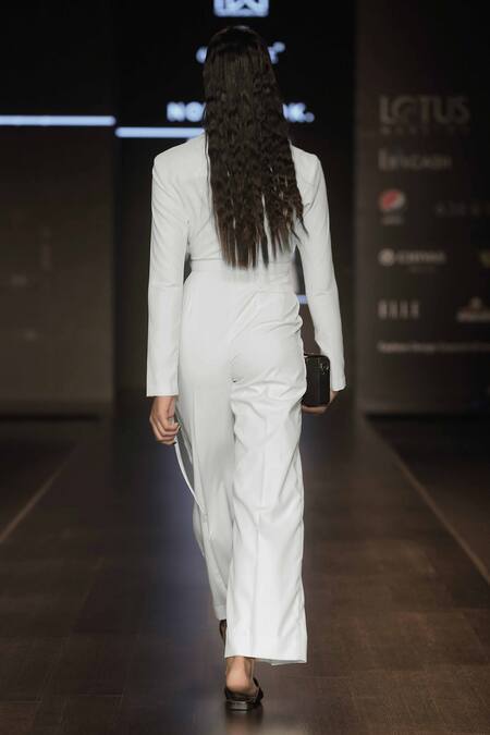 Shop Notebook White Bi Stretch, Pv Lycra Lapel Blazer Jumpsuit at Aza Fashions Shop_Notebook_White Bi Stretch, Pv Lycra Lapel Blazer Jumpsuit_at_Aza_Fashions