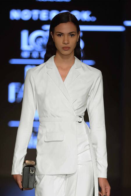 Buy Notebook White Bi Stretch, Pv Lycra Lapel Blazer Jumpsuit Online at Aza Fashions Buy_Notebook_White Bi Stretch, Pv Lycra Lapel Blazer Jumpsuit_Online_at_Aza_Fashions