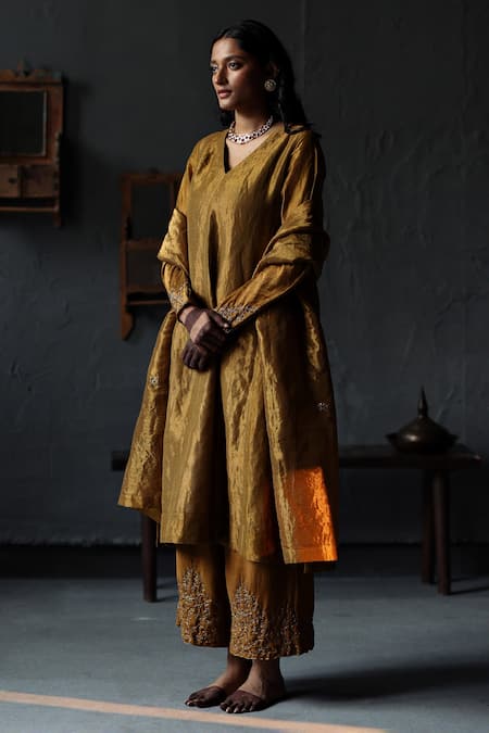Shorshe Clothing_Gold Handloom Tissue Lining Shantoon V Neck Flared Kurta And Farshi Pant Set _Online_at_Aza_Fashions