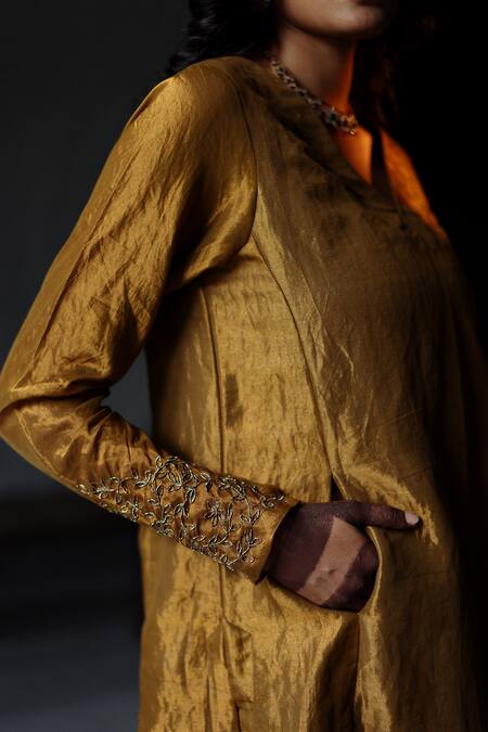 Shop_Shorshe Clothing_Gold Handloom Tissue Lining Shantoon V Neck Flared Kurta And Farshi Pant Set _Online_at_Aza_Fashions