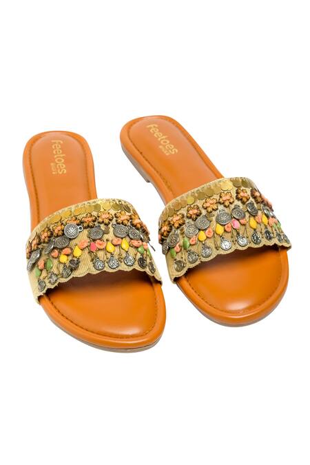 Buy_Feetoes Shoes_Beige Embellished Flats_Online_at_Aza_Fashions