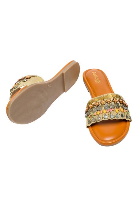 Shop_Feetoes Shoes_Beige Embellished Flats_Online_at_Aza_Fashions