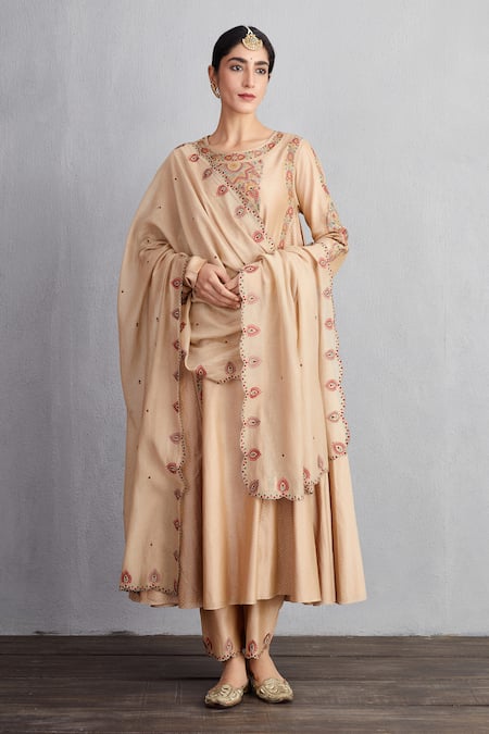 Torani Beige Kurta And Pant Handwoven Chanderi & Cotton Voile Chandan Sufiya Set