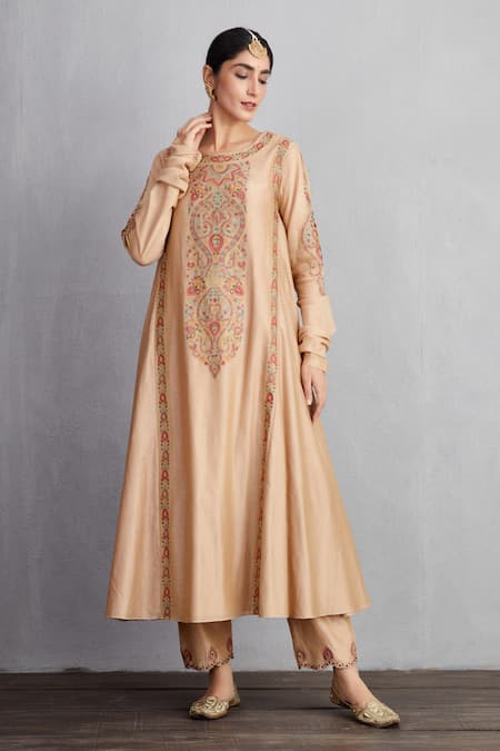 Buy_Torani_Beige Kurta And Pant Handwoven Chanderi & Cotton Voile Chandan Sufiya Set _Online_at_Aza_Fashions