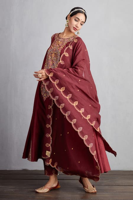 Buy_Torani_Red Kurta And Pant Handwoven Chanderi & Cotton Voile Sanobar Sufiya Set _Online_at_Aza_Fashions