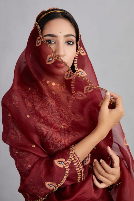 Shop_Torani_Red Kurta And Pant Handwoven Chanderi Dupatta & Pant Silk Sanobar Sehmat Set _Online_at_Aza_Fashions