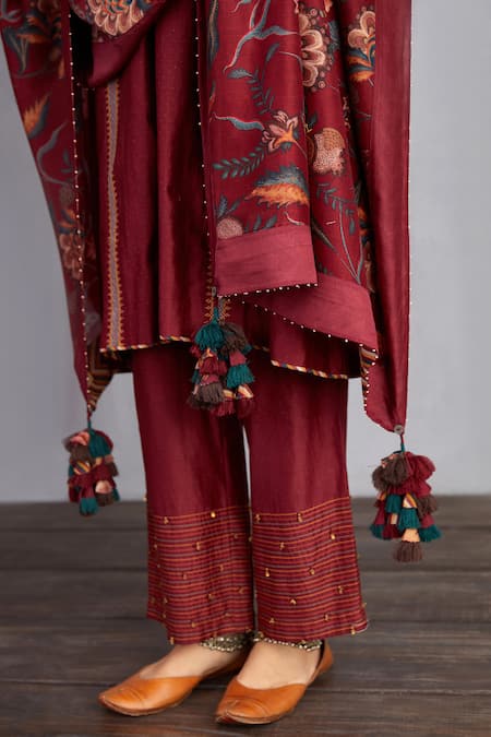 Shop_Torani_Red , Pant And Dupatta Handwoven Chanderi & Sanobar Kashish Set _Online_at_Aza_Fashions