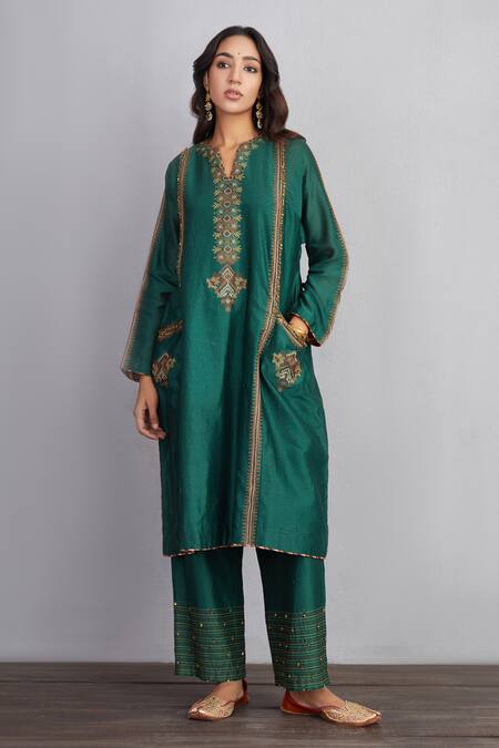 Buy_Torani_Green , Pant And Dupatta Handwoven Chanderi & Sheesham Kashish Set _Online_at_Aza_Fashions