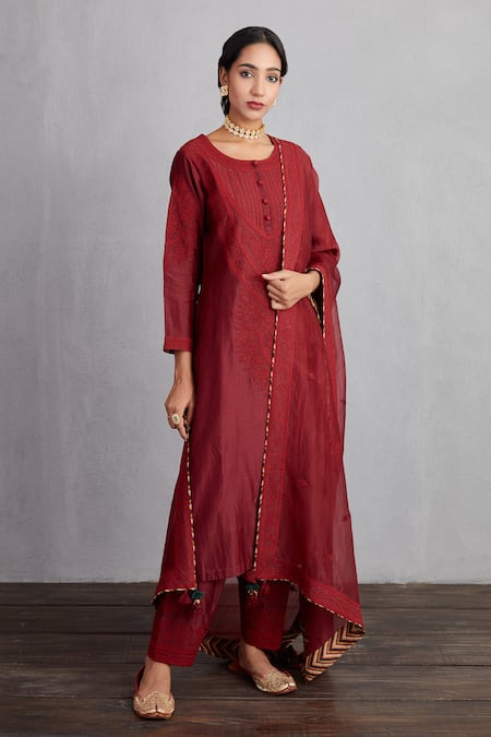 Buy Red Kurta And Pant Handwoven Chanderi Kurta Cotton Sanobar Revaa ...