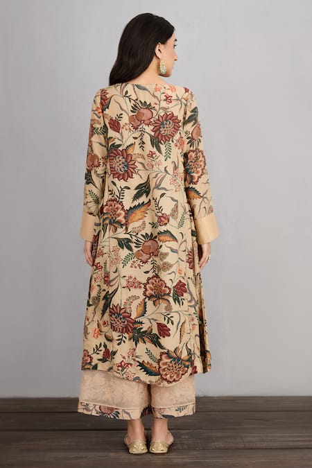 Shop_Torani_Beige Kurta And Pant Cotton  Pant Organza Dupatta Chandan Aroha Set _at_Aza_Fashions