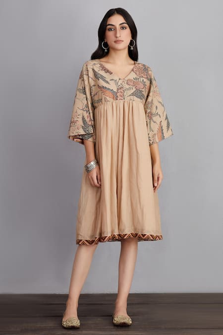 Torani_Beige Cotton Silk, Handwoven Chanderi V Neck Chandan Lolita Dress _Online_at_Aza_Fashions