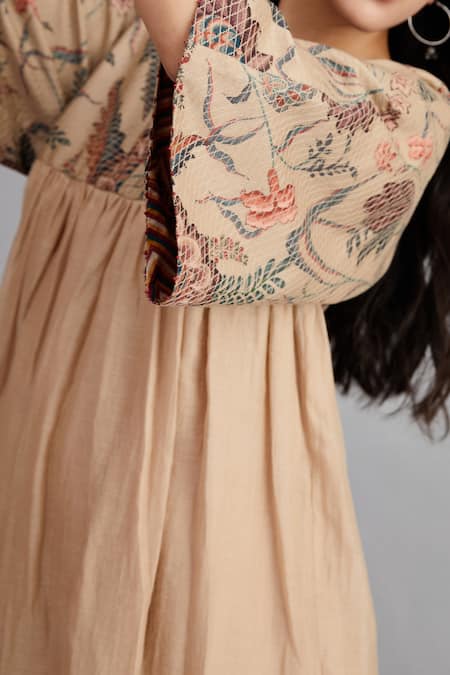 Buy_Torani_Beige Cotton Silk, Handwoven Chanderi V Neck Chandan Lolita Dress _Online_at_Aza_Fashions