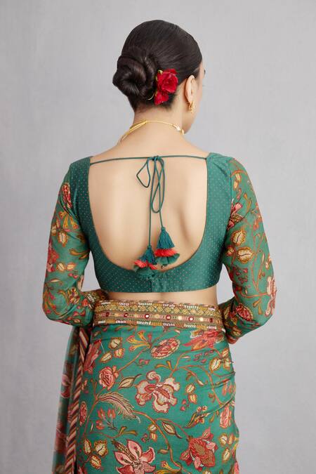 Torani_Green Cotton Silk, Handwoven Chanderi Sweetheart Neck Sheesham Revathi Blouse_Online_at_Aza_Fashions