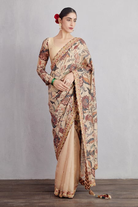 Torani_Beige Cotton Silk Embroidery Sweetheart Neck Chandan Revathi Blouse _Online_at_Aza_Fashions